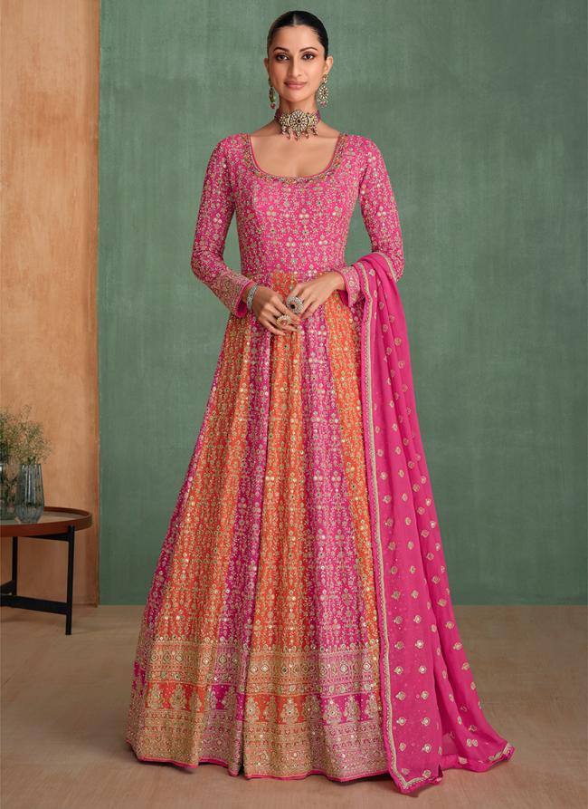 Georgette Pink Wedding Wear Embroidery Work Readymade Anarkali Suit